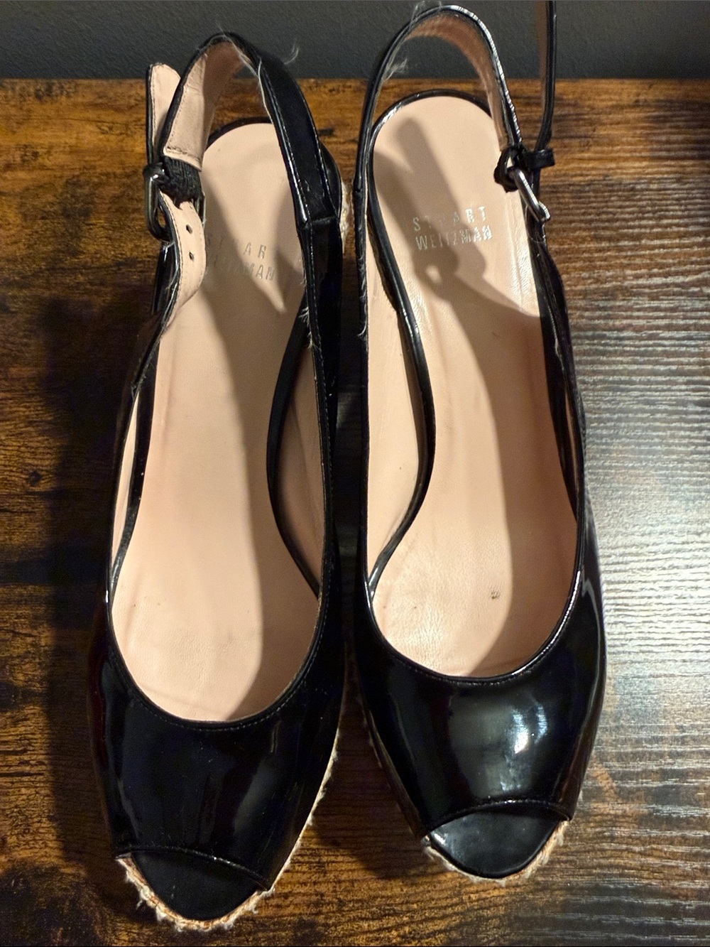 Stuart Weitzman Black Patent Espadrille Slingback Wedges